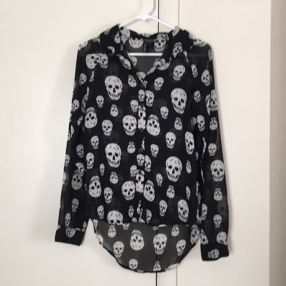 Skull print sheer black blouse